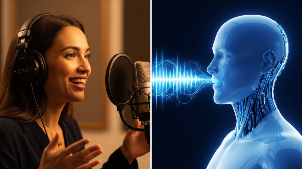 split image contrasting a human voiceover artist speaking into a microphone on the right, and a robotic head with a digital sound wave on the left.