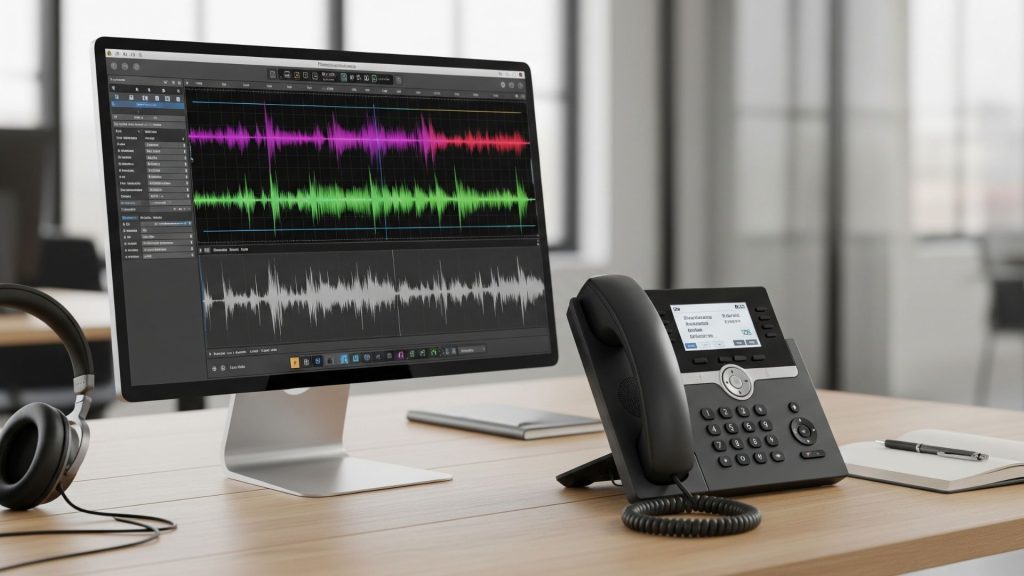 An office desk with a telephone and a computer monitor displaying an audio waveform, representing an on-hold messaging service.